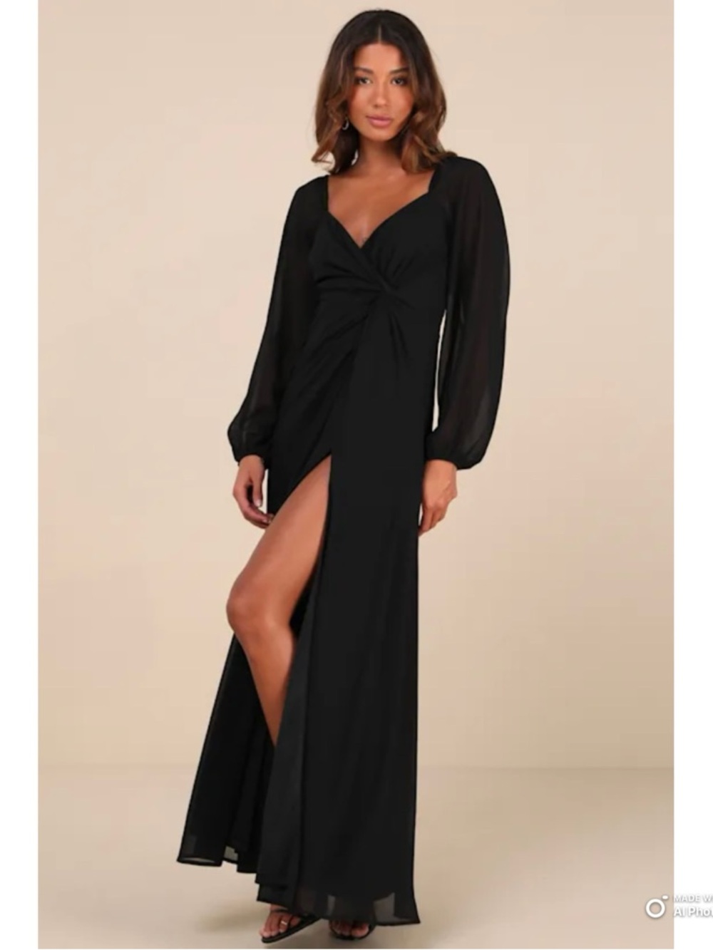Lulus Medium Composed Soiree Black Twist-Front Long Sleeve Maxi Dress NWT Party